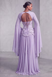 Vestido de baile de finalista longo Peplum A-Line em camadas com espartilhos blush, chiffon, Jacquard, com mangas alargadas