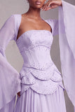Vestido de baile de finalista longo Peplum A-Line em camadas com espartilhos blush, chiffon, Jacquard, com mangas alargadas