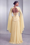 Vestido de baile de finalista longo Peplum A-Line em camadas com espartilhos blush, chiffon, Jacquard, com mangas alargadas