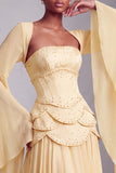 Vestido de baile de finalista longo Peplum A-Line em camadas com espartilhos blush, chiffon, Jacquard, com mangas alargadas