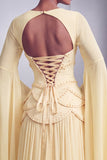 Vestido de baile de finalista longo Peplum A-Line em camadas com espartilhos blush, chiffon, Jacquard, com mangas alargadas