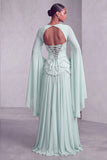 Vestido de baile de finalista longo Peplum A-Line em camadas com espartilhos blush, chiffon, Jacquard, com mangas alargadas
