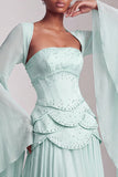 Vestido de baile de finalista longo Peplum A-Line em camadas com espartilhos blush, chiffon, Jacquard, com mangas alargadas