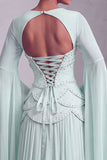Vestido de baile de finalista longo Peplum A-Line em camadas com espartilhos blush, chiffon, Jacquard, com mangas alargadas