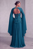 Vestido de baile de finalista longo Peplum A-Line em camadas com espartilhos blush, chiffon, Jacquard, com mangas alargadas