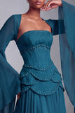 Vestido de baile de finalista longo Peplum A-Line em camadas com espartilhos blush, chiffon, Jacquard, com mangas alargadas