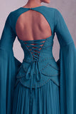 Vestido de baile de finalista longo Peplum A-Line em camadas com espartilhos blush, chiffon, Jacquard, com mangas alargadas