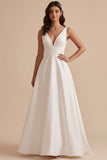 Vestido de Noiva Maxi Branco de Decote em V, Decote em V e Franzido