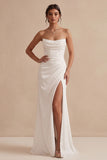 Vestido de noiva longo sem alças de cetim com capuz branco e capuz de bainha