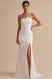 Vestido de Noiva Maxi de Cetim Branco Cetim Sem Alças e Franzido com Fenda