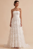Vestido de Noiva Branco A-Line Strapless com Penas