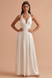 Vestido de Noiva Branco A-Line Halter A-Line, Cetim Franzido, Vestido de Noiva Longo