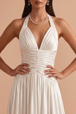 Vestido de Noiva Branco A-Line Halter A-Line, Cetim Franzido, Vestido de Noiva Longo