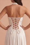 Vestido de Noiva Branco A-Line Halter A-Line, Cetim Franzido, Vestido de Noiva Longo