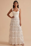 Vestido de Noiva Maxi em camadas, decote em A, linha A, branco com aplicações de lantejoulas