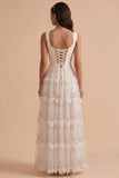 Vestido de Noiva Maxi em camadas, decote em A, linha A, branco com aplicações de lantejoulas