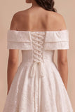 Vestido de Noiva Midi de renda de ombro caído em linha A branca