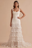 Capuz de Sereia Branco Vestido de Noiva Maxi de Tule com Lantejoulas com Folhos e Flor 3D