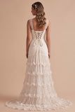 Capuz de Sereia Branco Vestido de Noiva Maxi de Tule com Lantejoulas com Folhos e Flor 3D