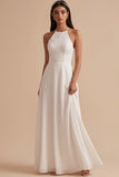 Vestido de noiva comprido em renda de chiffon com corte branco em linha A