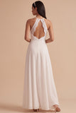 Vestido de noiva comprido em renda de chiffon com corte branco em linha A