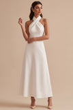 Vestido de Noiva Midi de Cetim A-Line A-Line Branco