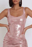 Espartilho cor-de-rosa Bodycon metálico, decote redondo, vestido de cocktail curto e franzido com drapeado