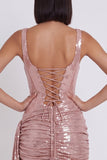 Espartilho cor-de-rosa Bodycon metálico, decote redondo, vestido de cocktail curto e franzido com drapeado