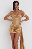 Espartilho dourado no ombro, vestido de cocktail curto de cetim com missangas franzidas e drapeado