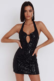 Vestido de cocktail curto com lantejoulas pretas Bodycon Bodycon Halter e Fechadura
