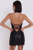 Vestido de cocktail curto com lantejoulas pretas Bodycon Bodycon Halter e Fechadura