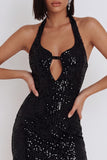 Vestido de cocktail curto com lantejoulas pretas Bodycon Bodycon Halter e Fechadura