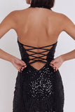 Vestido de cocktail curto com lantejoulas pretas Bodycon Bodycon Halter e Fechadura