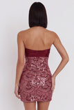 Vestido de cocktail curto cortado sem alças com Lantejoulas Borgonha Bodycon