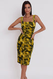 Vestido Midi Midi Cocktail Bodycon Amarelo Verde Estampado