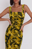 Vestido Midi Midi Cocktail Bodycon Amarelo Verde Estampado