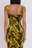 Vestido Midi Midi Cocktail Bodycon Amarelo Verde Estampado