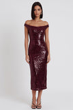 Vestido de cocktail midi de lantejoulas com lantejoulas brilhantes em cor de vinho