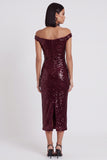 Vestido de cocktail midi de lantejoulas com lantejoulas brilhantes em cor de vinho