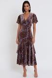 Vestido cocktail Midi Cocktail Midi Veludo de Veludo Ameixa com Decote em V, Mangas Flutter com Folhos Ondulados