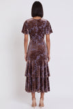 Vestido cocktail Midi Cocktail Midi Veludo de Veludo Ameixa com Decote em V, Mangas Flutter com Folhos Ondulados