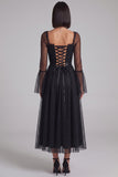 Vestido cocktail Midi de Tule com decote alargado preto com bolinhas A