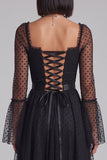 Vestido cocktail Midi de Tule com decote alargado preto com bolinhas A