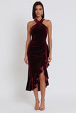 Vestido de cocktail Midi Midi franzido em veludo de veludo borgonha, alto e baixo,