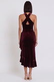 Vestido de cocktail Midi Midi franzido em veludo de veludo borgonha, alto e baixo,