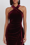 Vestido de cocktail Midi Midi franzido em veludo de veludo borgonha, alto e baixo,