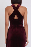 Vestido de cocktail Midi Midi franzido em veludo de veludo borgonha, alto e baixo,