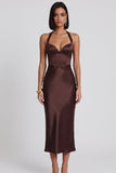 Vestido de cocktail Midi Bodycon Bodycon Corset de Cetim Castanho Castanho Escuro