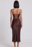Vestido de cocktail Midi Bodycon Bodycon Corset de Cetim Castanho Castanho Escuro