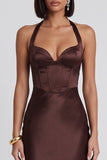 Vestido de cocktail Midi Bodycon Bodycon Corset de Cetim Castanho Castanho Escuro